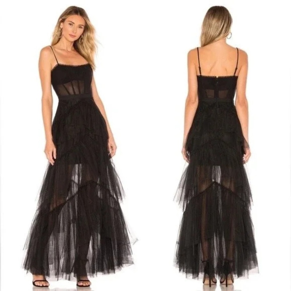NWT BCBG Corset Tiered Ruffle Tulle Gown, Black